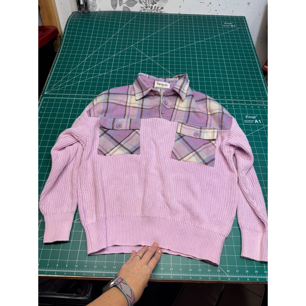Impressions Pink Ribbed Knit Plaid Flannel Mixed Media Sweater Top SM
